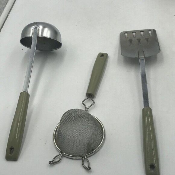 Vintage Chromium Plated Ekco USA Kitchen Utensil Lot Avocado Green Campbells S&P - Picture 9 of 12
